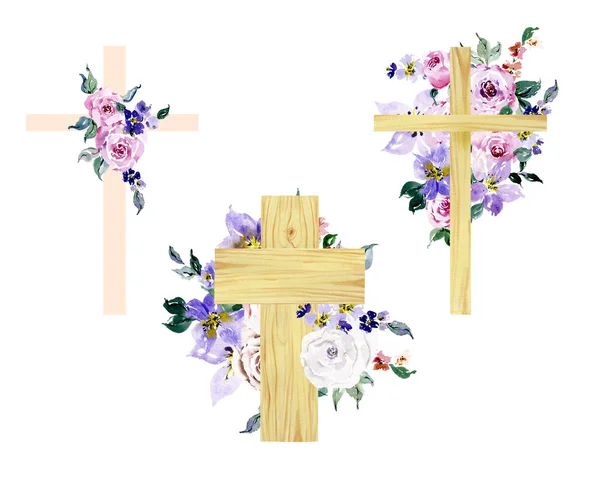 水彩画フラワークロス 木の十字架 花のクリップ 手描きの最初のコミュニケーション 花のアレンジメント イースタークロス — ストック写真