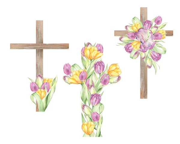 Watercolor Flower Cross Wood Cross Baptism Floral Clipart Hand Painted — Stock Photo, Image