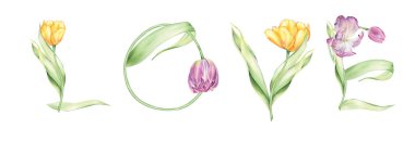 Watercolor  floral spring lettering. Tulips arrangements. Peace sign. Valentines tulips. Valentine Card. Pacifism symbol. Love you  word