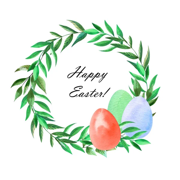 Akwarela Wielkanocna Dekoracja Kolorowymi Jajkami Wieńcami — Zdjęcie stockowe