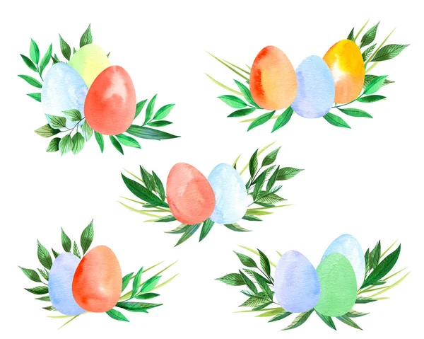 Akvarel Velikonoční Dekorace Barevnými Vejci Věnce — Stock fotografie