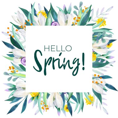 İlkbahar suluboya kardelen çerçevesi. Merhaba bahar şablonu. Suluboya bahar çiçekleri. Paskalya, sevgililer günü, anneler günü için harika.