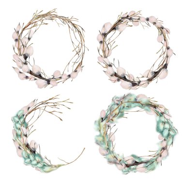 Yumuşak vajina söğüdü ve paskalya çerçeveli suluboya seti. Tebrik kartları, sevgililer günü kartları, paskalya kartları, davetiyeler, kırtasiyeler için uygun