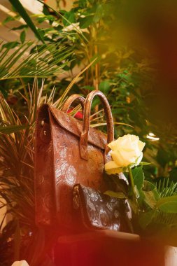 Çok renkli kahverengi deri bir evrak çantası ve çiçekler arasında güller var.