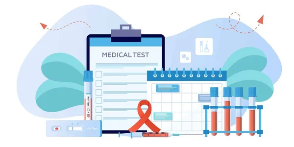 Dünya AIDS Günü 1 Aralık, kırmızı kurdele. AIDS ve HIV farkındalığı. HIV, tüp ve kan örnekleri için test edin. Kan klinik laboratuarı analizi. Pankart, broşür, iniş sayfası şablonu
