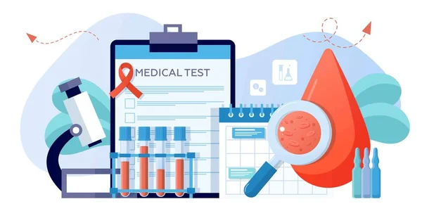 Dünya AIDS Günü 1 Aralık, kırmızı kurdele. AIDS ve HIV farkındalığı. HIV, tüp ve kan örnekleri için test edin. Kan klinik laboratuarı analizi. Pankart, broşür, iniş sayfası şablonu