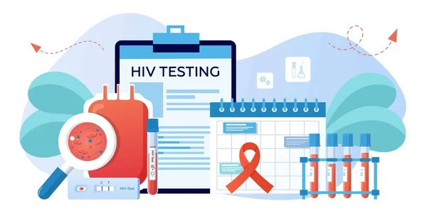 Dünya AIDS Günü 1 Aralık, kırmızı kurdele. AIDS ve HIV farkındalığı. HIV, tüp ve kan örnekleri için test edin. Kan klinik laboratuarı analizi. Pankart, broşür, iniş sayfası şablonu