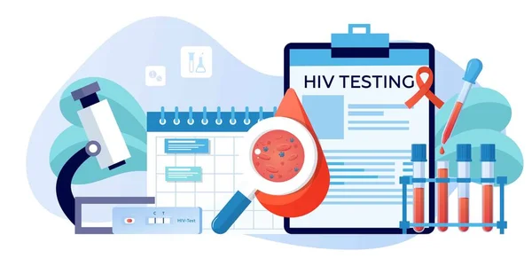 Světový den AIDS 1. prosince, červená stuha. AIDS a povědomí o HIV. Test na HIV, tubu a kapátko se vzorky krve. Klinická laboratorní analýza krve. Nápis, leták, šablona stránky přistání — Stockový vektor