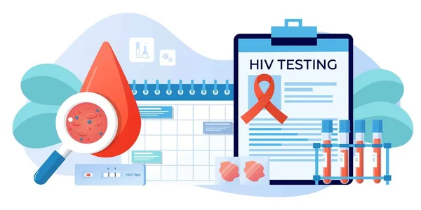 Dünya AIDS Günü 1 Aralık, kırmızı kurdele. AIDS ve HIV farkındalığı. HIV, tüp ve kan örnekleri için test edin. Kan klinik laboratuarı analizi. Pankart, broşür, iniş sayfası şablonu