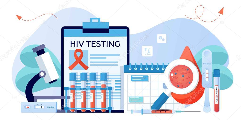 World AIDS Day1 December, red ribbon. Aids,and HIV awareness. Test for HIV, tube and dropper with blood samples. Blood clinical laboratory analysis. Banner, flyer, landing page template