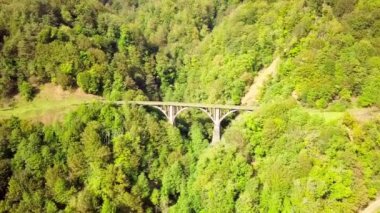 Tkvarcheli kasabasındaki nehrin üzerinde terk edilmiş demiryolu köprüsü. Yukarıdan manzara. Doğu Abhazya. Georgia.