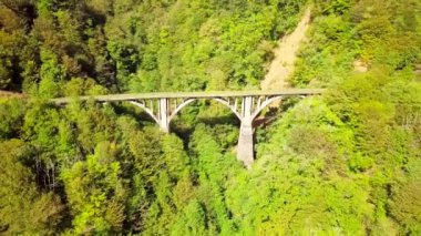 Tkvarcheli kasabasındaki nehrin üzerinde terk edilmiş demiryolu köprüsü. Yukarıdan manzara. Doğu Abhazya. Georgia.