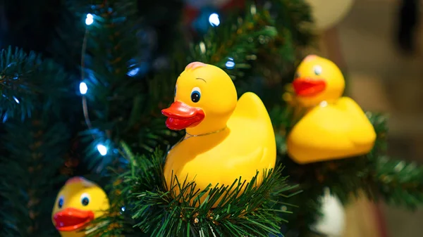 Noel ağacında Noel süslemeleri. Ördek banyosu ve beyaz toplar.