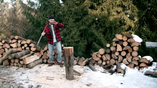 Brutal skogshuggare hugga trä i vinterskogen — Stockvideo