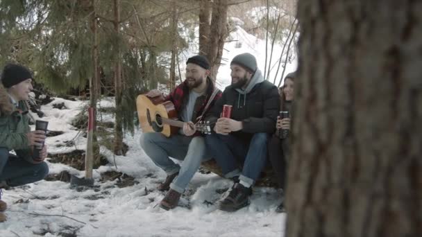 Group of friends of tourists talking in the forest — Stock Video