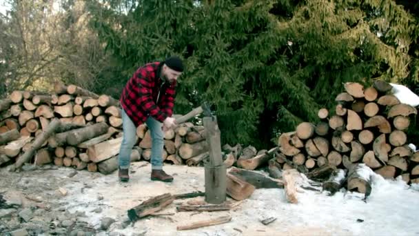 Surový dřevorubec sekání dřeva v zimním lese — Stock video