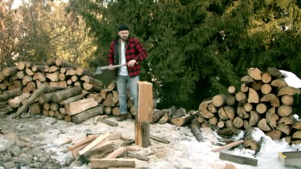 Brute houthakker hakken hout in het winterbos — Stockvideo