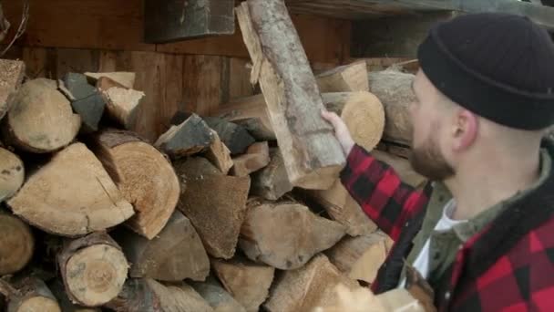 Brutal lumberjack puts a felled tree in a storage place — Stock Video