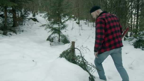 Brutale boscaiolo passeggiate attraverso la foresta invernale — Video Stock