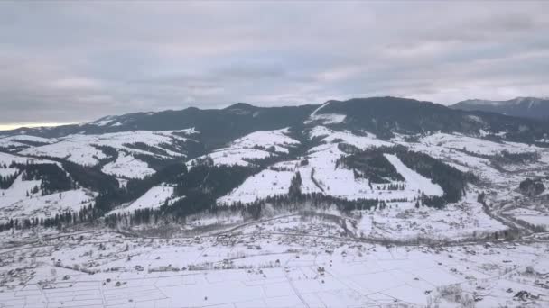 Vista aérea de las montañas del bosque de invierno — Vídeo de stock