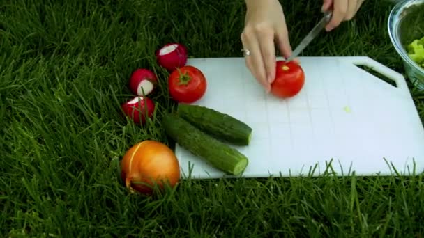 Жінка ріже помідори в саду — стокове відео
