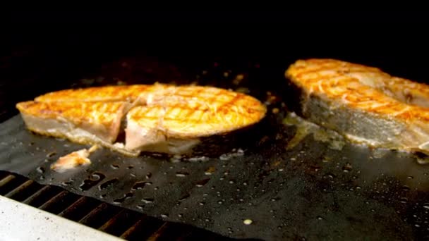 Cortes de peixe sendo grelhados com fogo — Vídeo de Stock