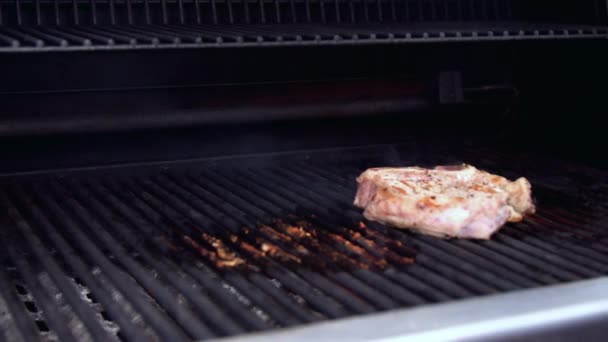 Pessoa transformando carne na grelha — Vídeo de Stock