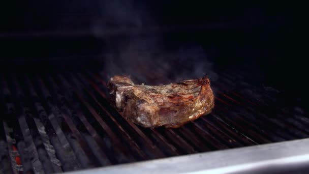 Person dreht Fleisch auf dem Grill — Stockvideo