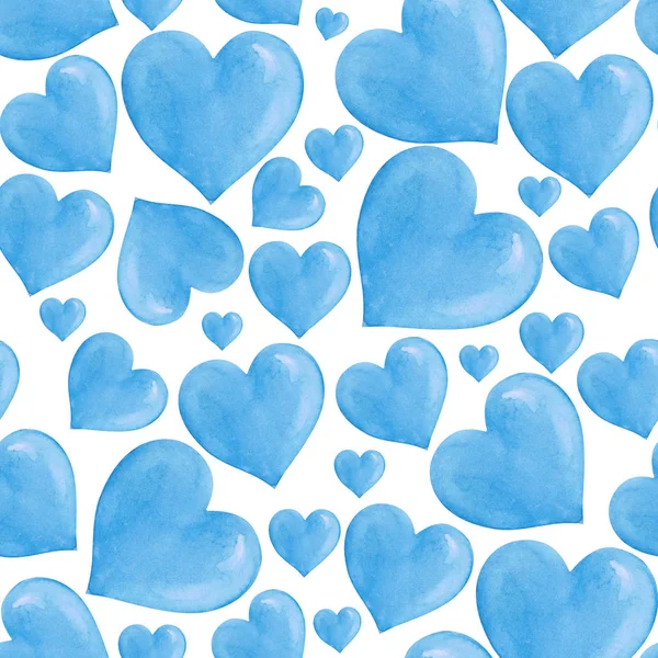 Padrão Sem Costura Aquarela Com Corações Azuis — Fotografia de Stock