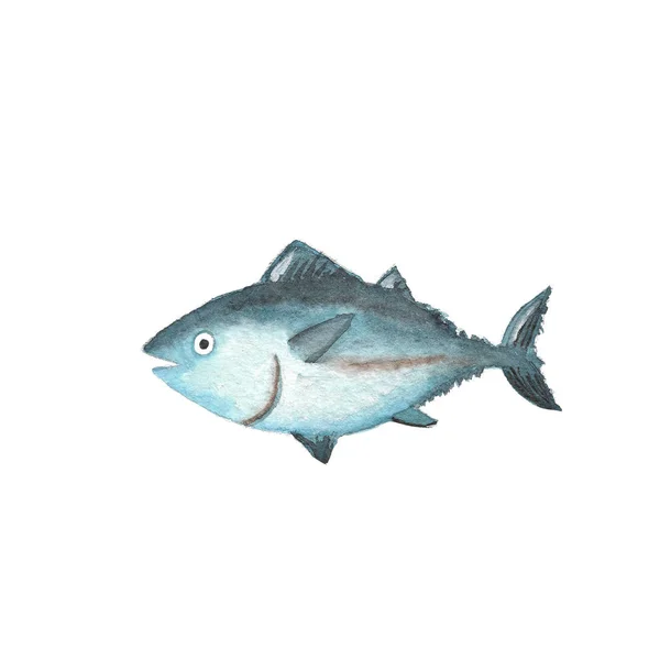Blue Fish Watercolor Painted Isolated White — Stock Photo, Image