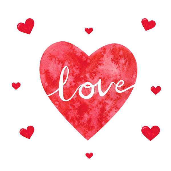 watercolor red heart with letter love