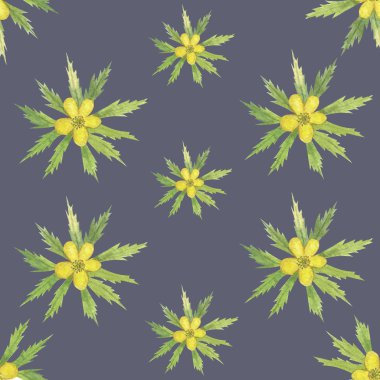 Sarı bahar çiçekleriyle suluboya desenli.