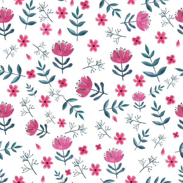 Watercolor Scandinavian Floral Seamless Pattern Flowers Leaves Pink Emerald Colors — Stock Photo, Image