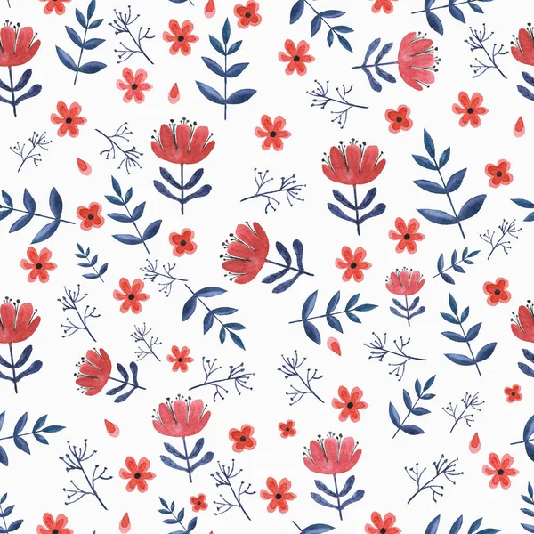 watercolor scandinavian floral seamless pattern with flowers and leaves