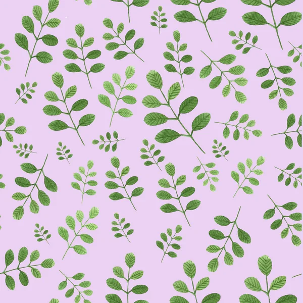 Акварель Бесшовный Узор Зелеными Листьями Розовом Фоне — стоковое фото