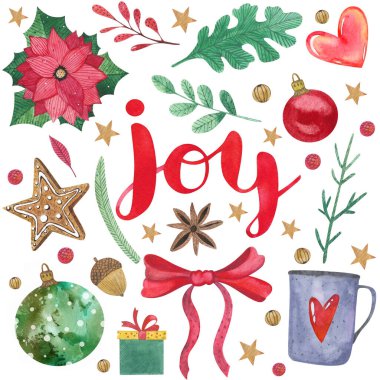 Yeni yıl dekorlarıyla suluboya Noel seti. Toplar, yapraklar, meyveler, yıldızlar, kalpler