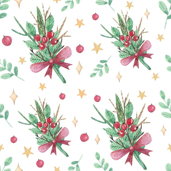 Χριστούγεννα απρόσκοπτη μοτίβο με στοιχεία διακόσμηση του νέου έτους. Τόξα, φύλλα, μούρα, αστέρια — Φωτογραφία Αρχείου