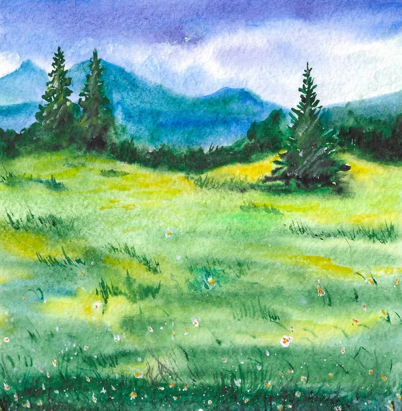 Paesaggio Acquerello Pittura Originale Carta Colorata Con Cielo Vista Sfondo — Foto Stock