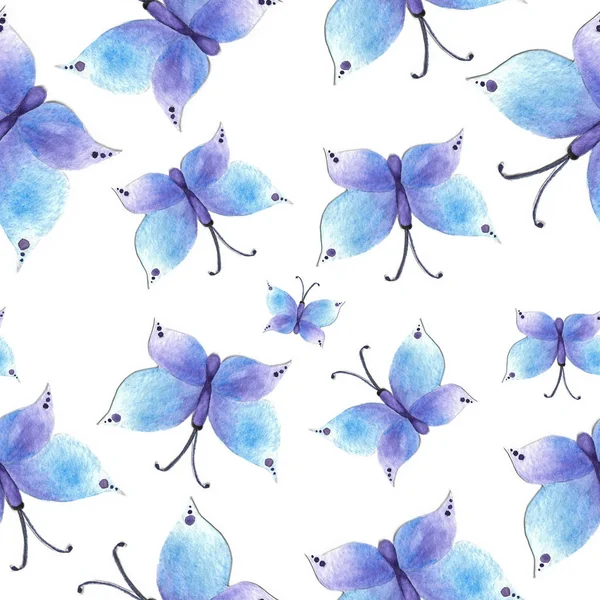 Padrão sem costura aquarela com borboletas azuis — Fotografia de Stock