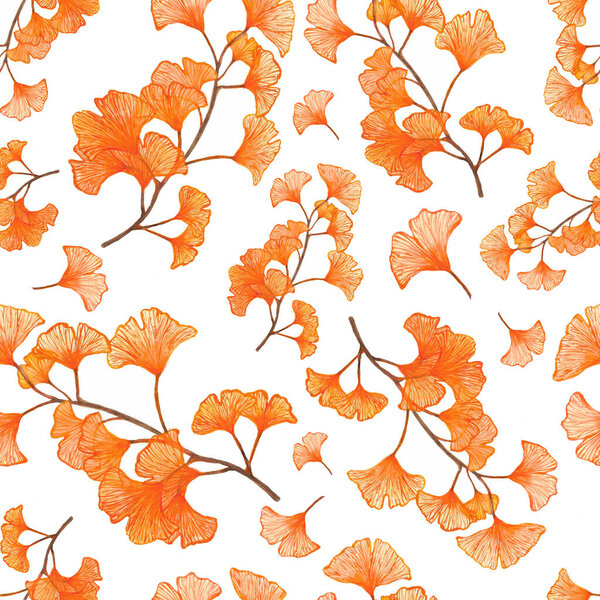  seamless pattern with leaves of ginkgo biloba, orange colors