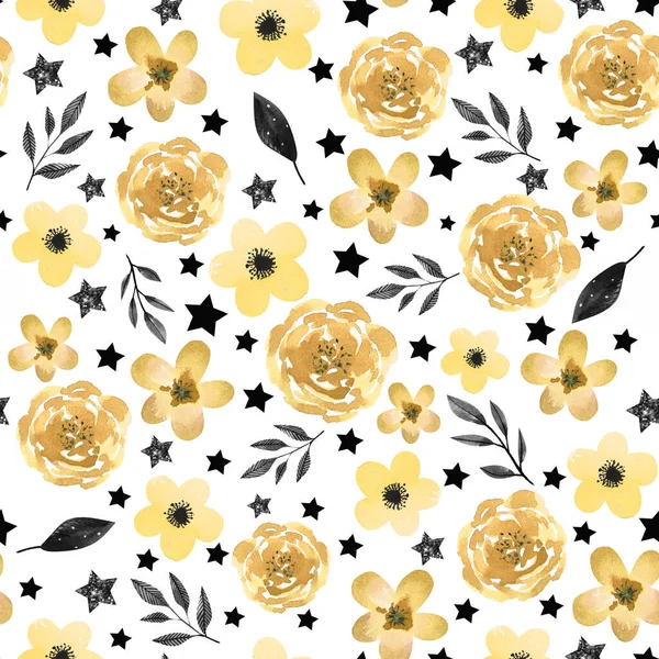 Watercolor yellow flowers with black stars. hand painted seamless pattern with white background — Stock Photo, Image