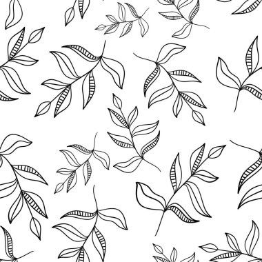 Beyaz arka planda yaprakları olan siyah beyaz desenli el çizimi