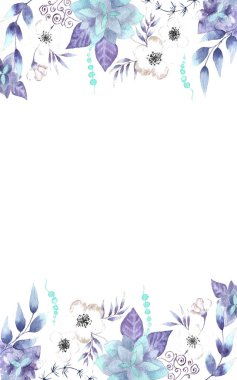 Kutlama sınırı, çelenk, çerçeve mavi menekşe, mor yapraklar ve çiçekler beyaz arkaplanda