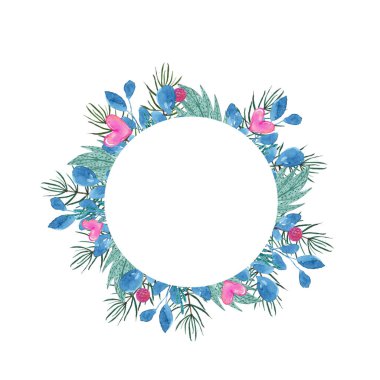 Kutlama sınırı, menü şablonu, pembe noktalı çerçeve, yapraklar, böğürtlenler, kalpler ve beyaz arka planda izole edilmiş çam dalları. Noel kartı.