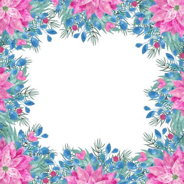 Kutlama sınırı, menü şablonu, pembe noktalı çerçeve, yapraklar, böğürtlenler, kalpler ve beyaz arka planda izole edilmiş çam dalları. Noel kartı.