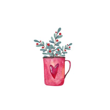 Kırmızılı suluboya kupa ve beyaza izole edilmiş çilek buketi. Noel kartı.