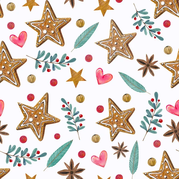Υδατογραφία Χριστούγεννα Αδιάλειπτη Μοτίβο Στοιχεία Διακόσμηση Του Νέου Έτους Cookies — Φωτογραφία Αρχείου