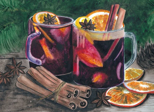 Çam ağacı arkaplanlı suluboya Noel resimleri, iki bardak sıcak şarap, tarçın çubukları, portakal ve yıldız anason.