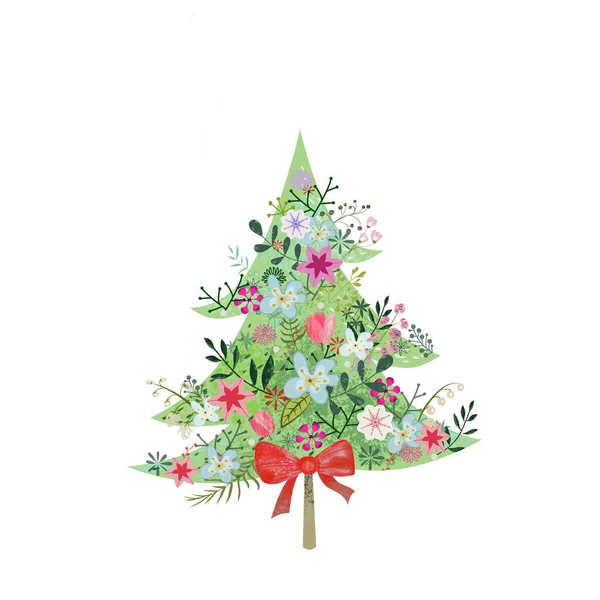 Noel ağacı resimli. Yıldız, dekorasyon topları konsepti renkli düz çizgi film tarzında. Mutlu Noeller ve terfi, poster ve tebrik kartı için yeni yıl tasarımı.