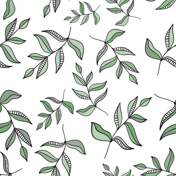 白地に緑の葉でシームレスなパターンを描き — ストック写真